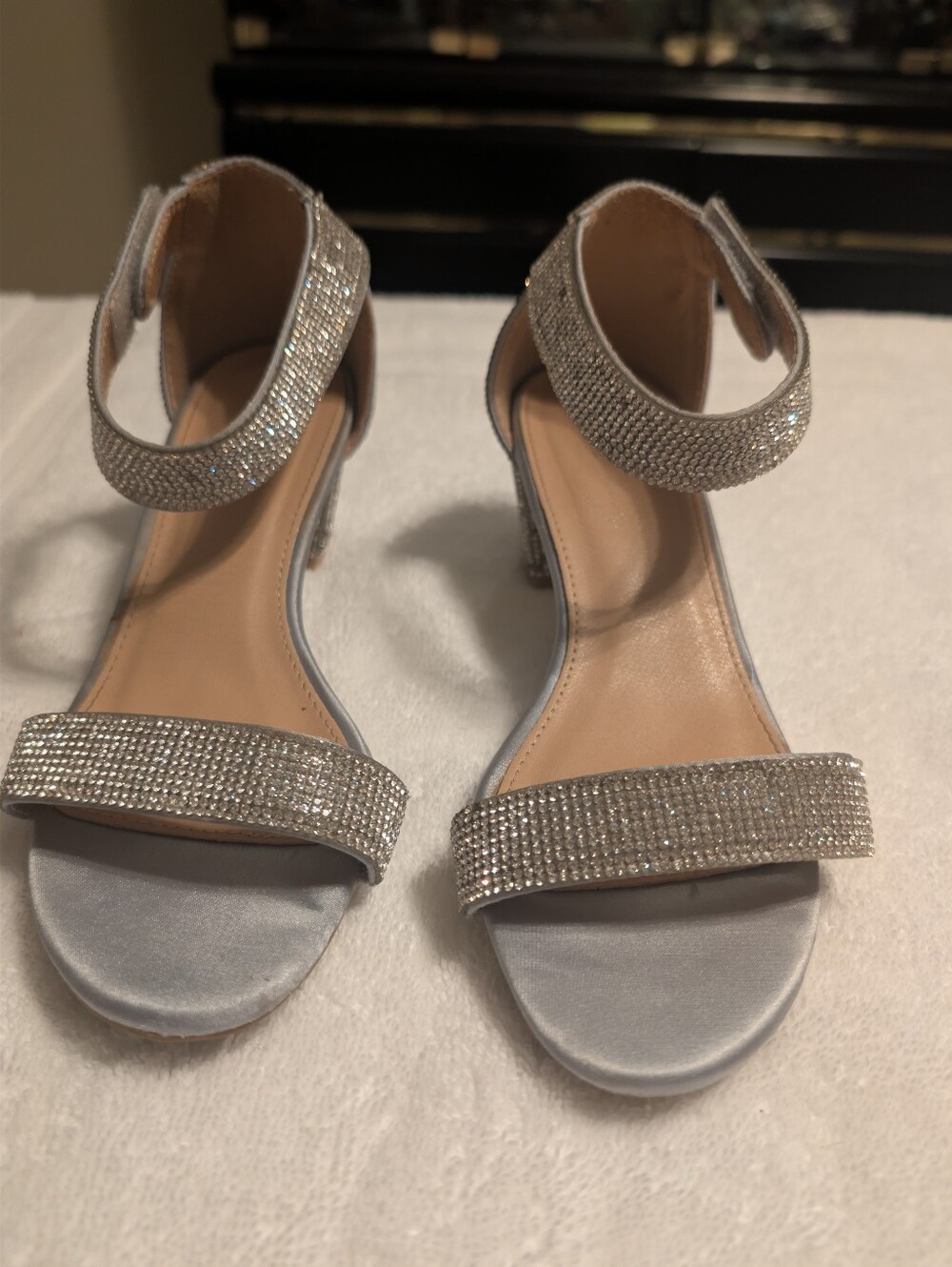 Crystal Embellished Silver Ankle Strap Heels - Women